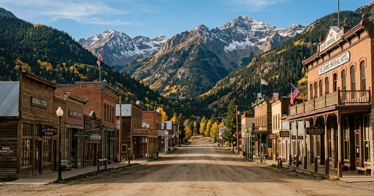 Main Street in Lake City, Colorado, surrounded by San Juan Mountains