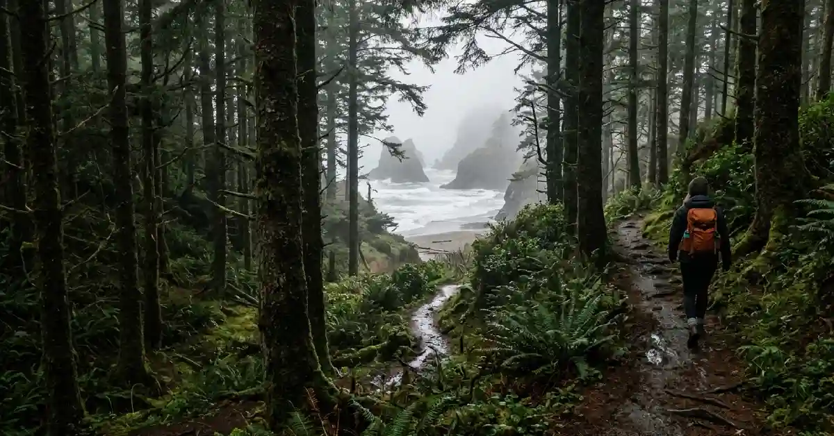 Hidden Oregon coast trail leading through Sitka spruce forest to the beach