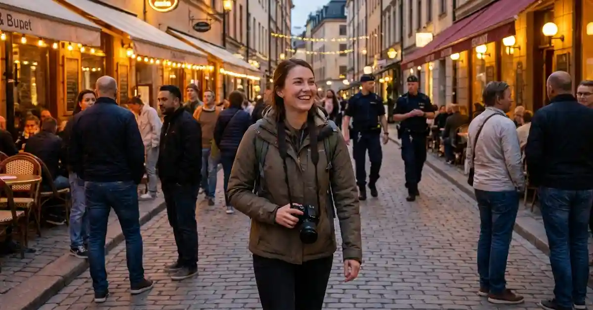 Solo female traveler safely walking in a second city at sunset