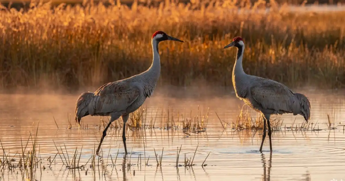 Two sandhill cranes standing in shallow water at Malheur National Wildlife Refuge near Crystal Crane Hot Springs Oregon.