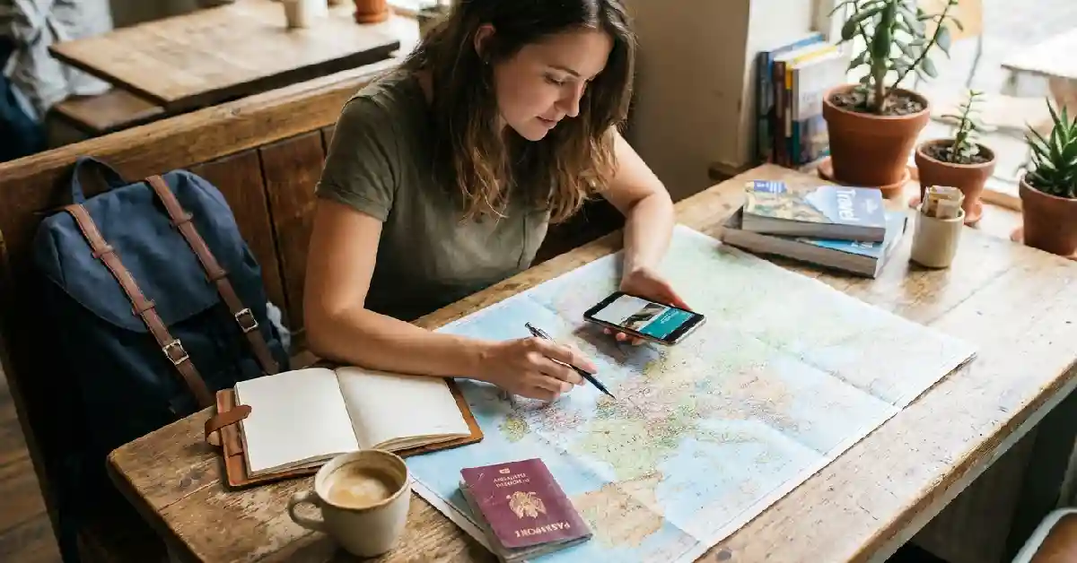 Woman planning a second city trip with maps and travel notes