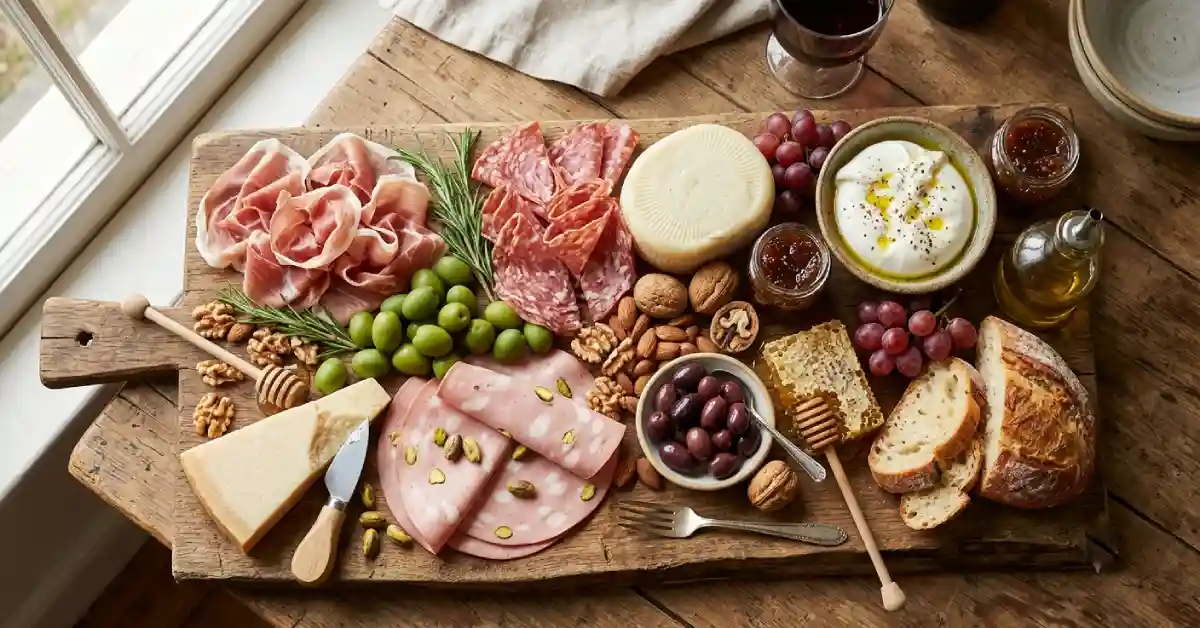 Beautiful spread of cured meats, cheeses, and olives on a wooden board