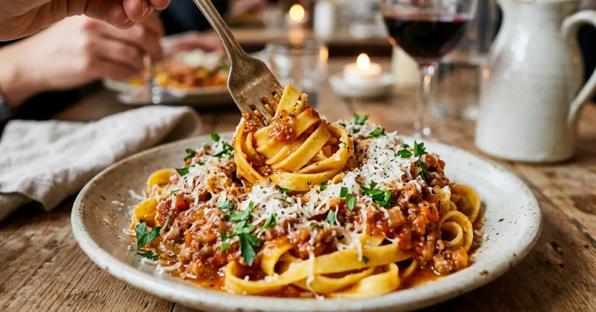 Fresh pasta twirled with rich sauce and finished with cheese.