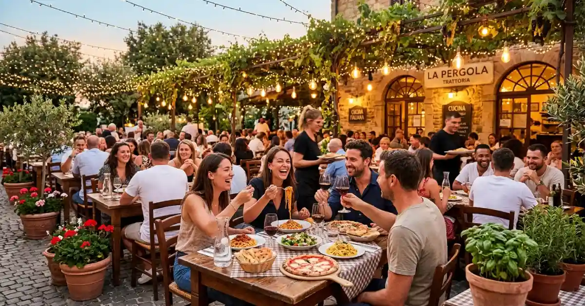 Lively patio with lights and happy people enjoying Italian food outdoors.