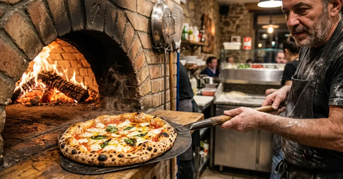 Neapolitan pizza with blistered crust and fresh toppings emerging from a wood-fired oven
