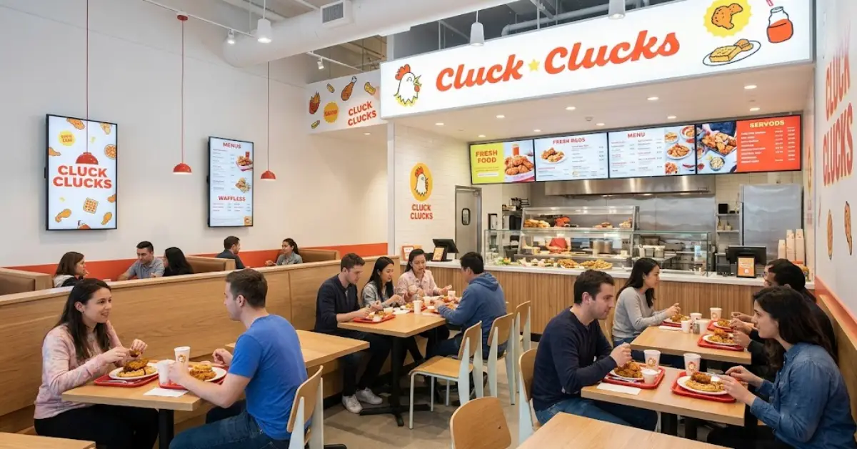 Cozy interior of Cluck Clucks Toronto halal chicken restaurant