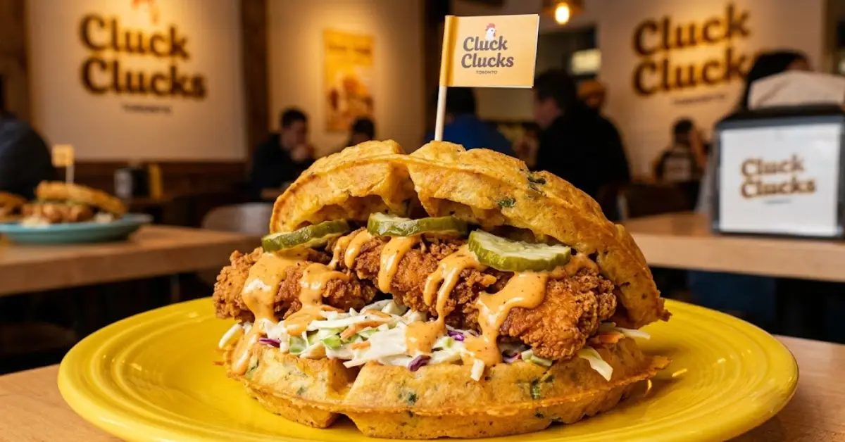 Cluck Yeah waffle sandwich with crispy halal chicken at Cluck Clucks Toronto