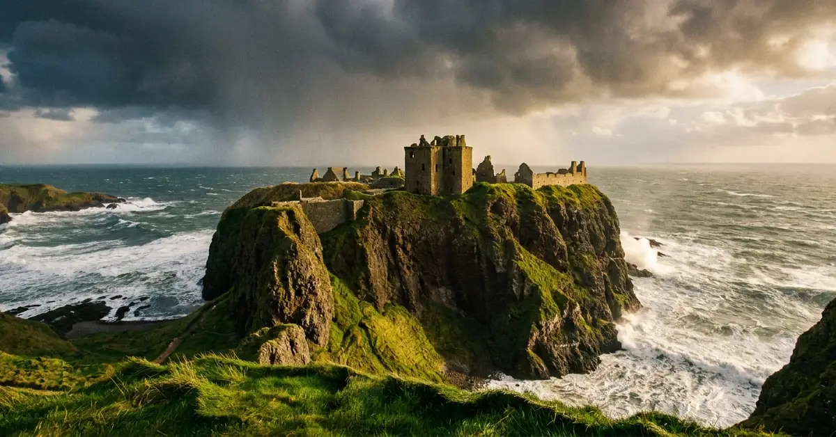 Scottish landscapes and castles at Dunnottar Castle on dramatic cliffs by the sea
