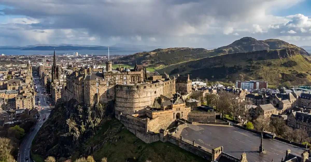 Edinburgh Castle rising in Scottish landscapes and castles panorama