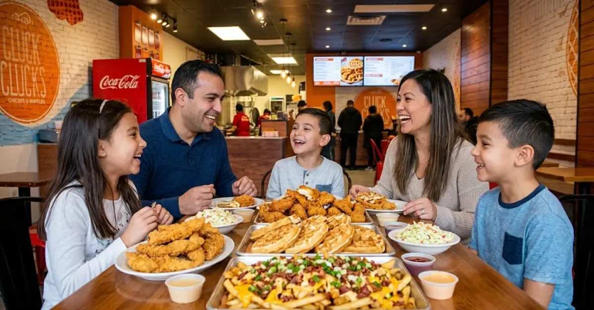 Family dining at Cluck Clucks Toronto chicken and waffles