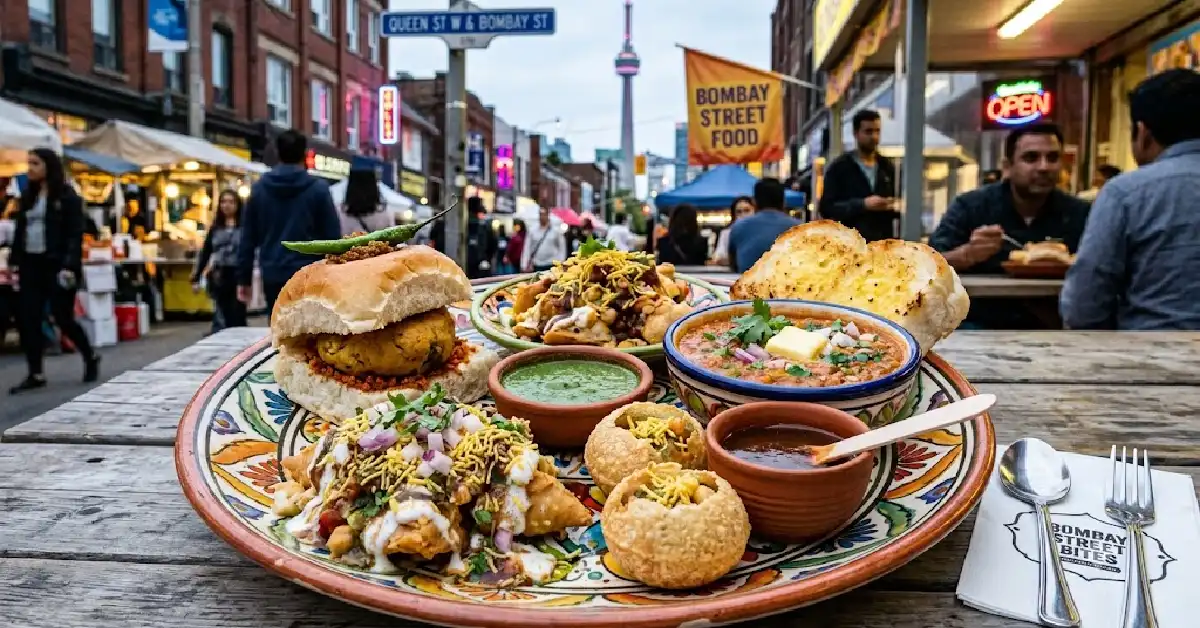 Authentic Bombay street food Toronto platter featuring vada pav and chaa