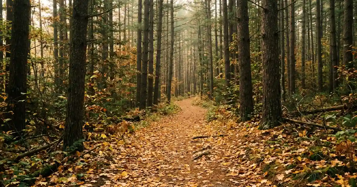 Hiking trail through a national park during peak fall foliage season
