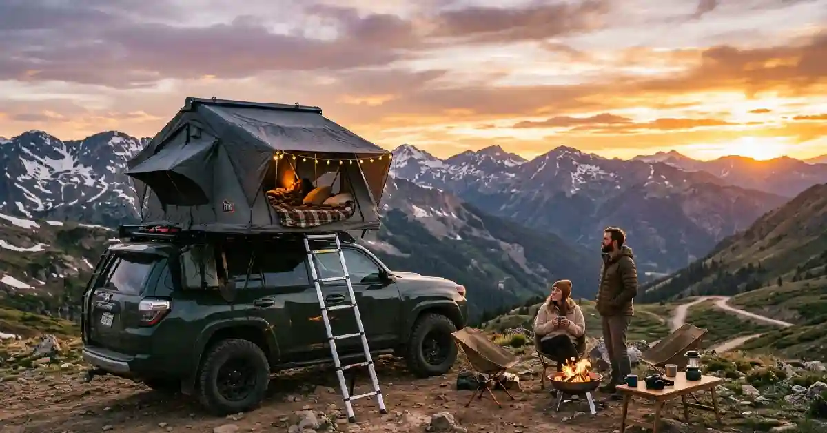 Camping setup with a parked car near a national park overlook at dusk