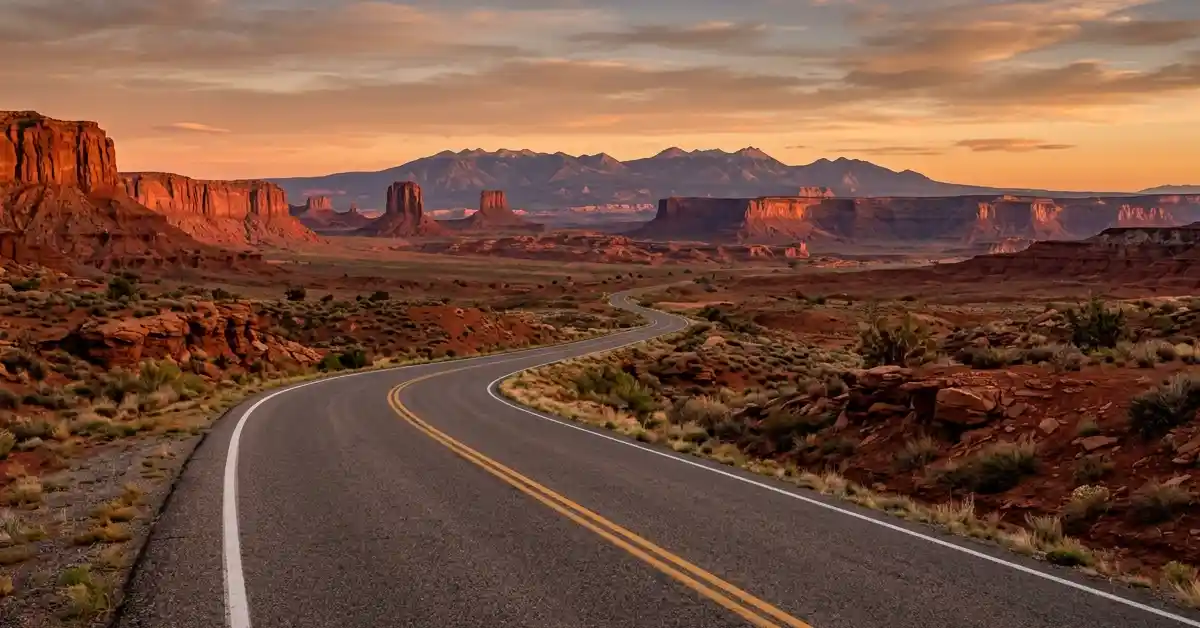 Scenic highway leading toward a national park with mountains in the background