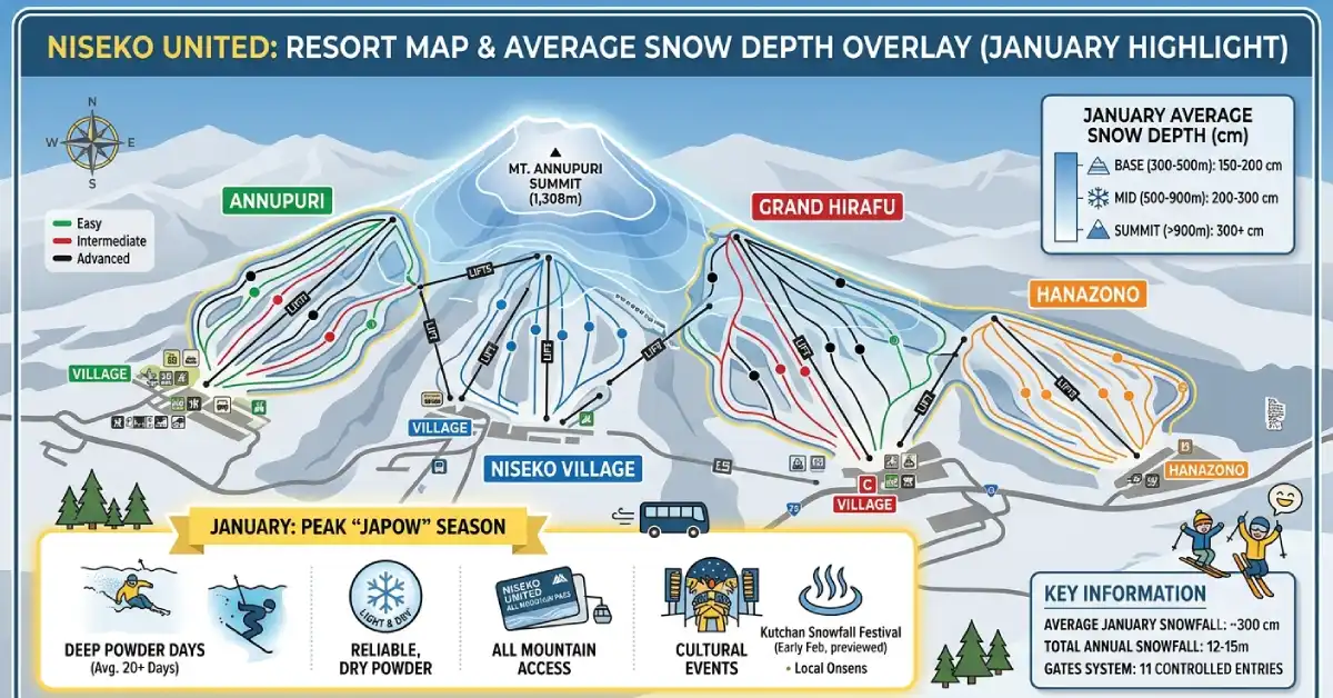 Niseko United conditions map highlighting peak January powder