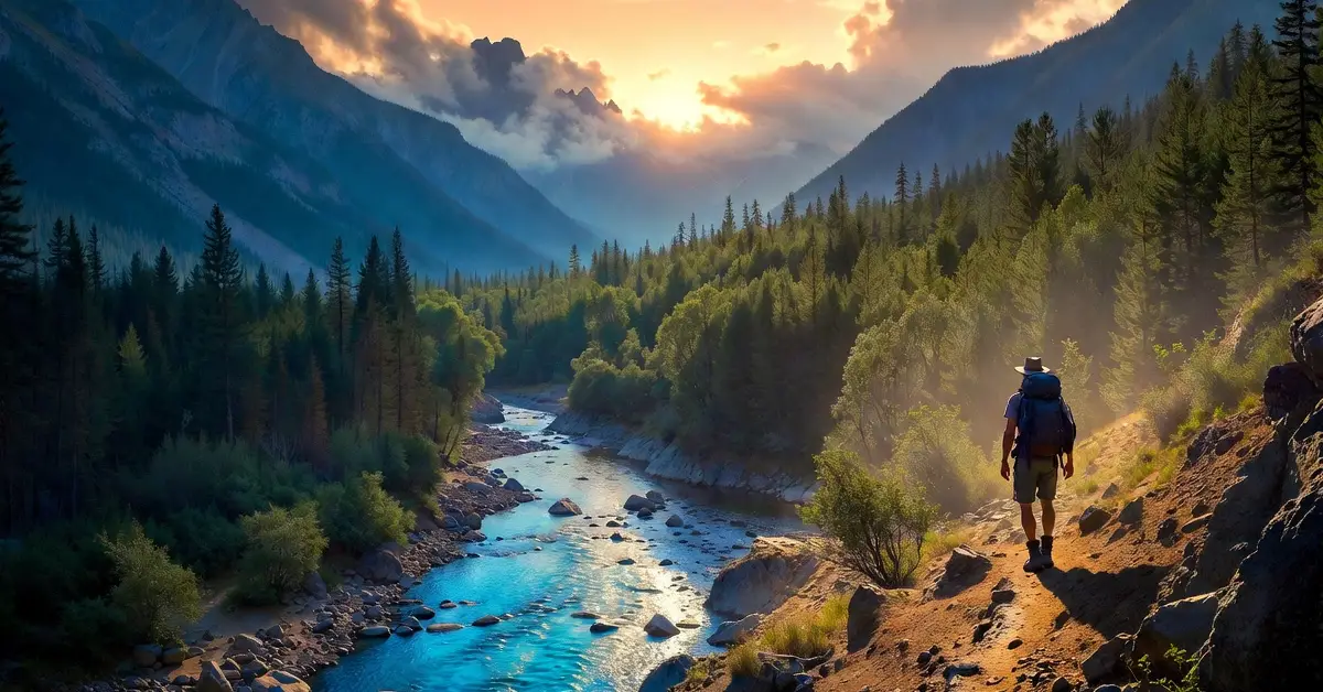 Responsible traveler hiking through pristine wilderness while respecting nature