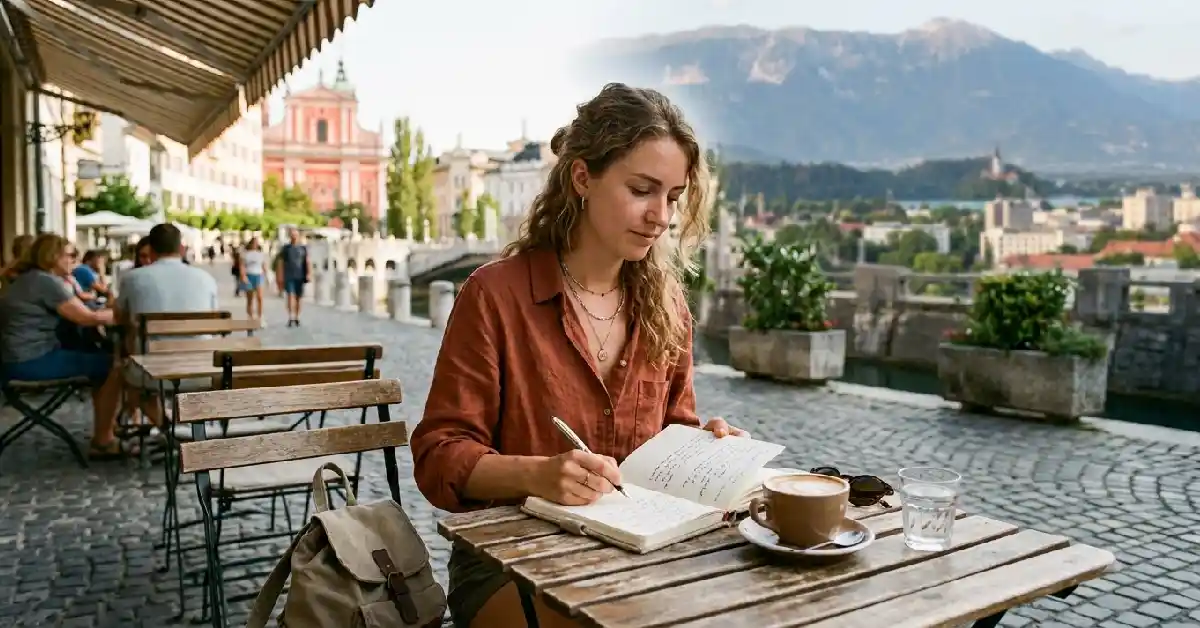 Woman traveling alone enjoying a café in Ljubljana, Slovenia near Lake Bled