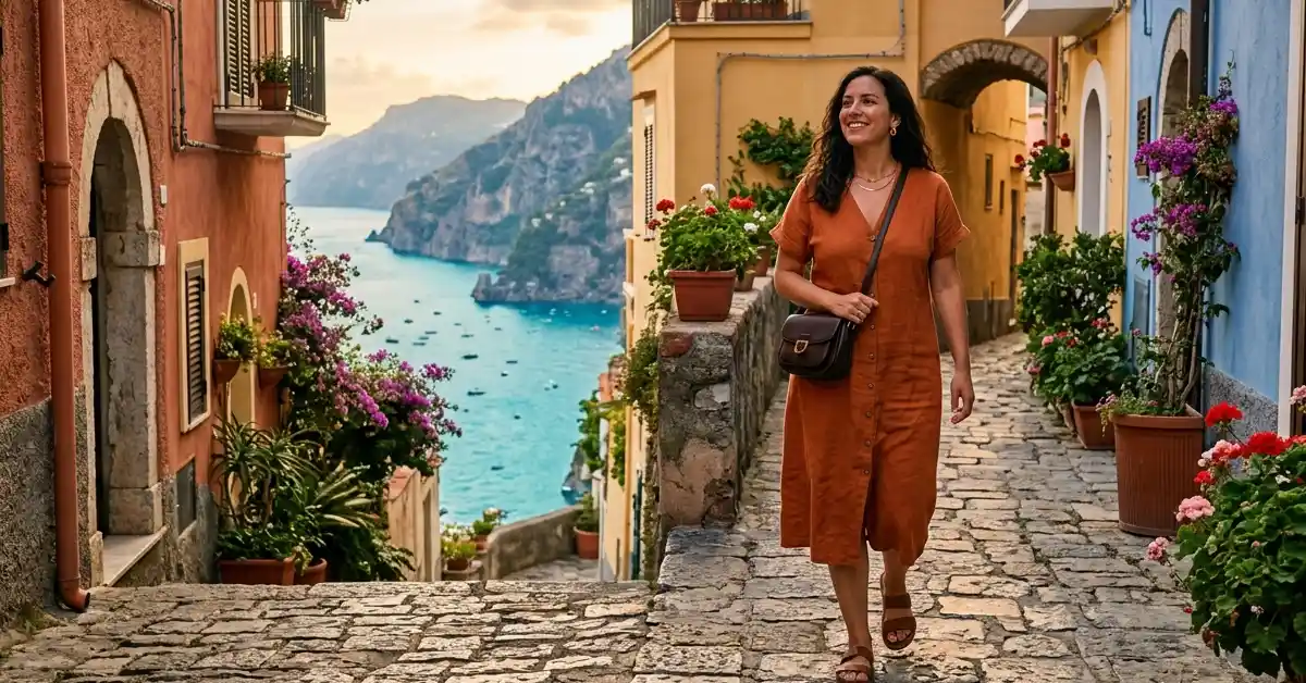 Solo female traveler walking through Ravello, Italy on the Amalfi Coast