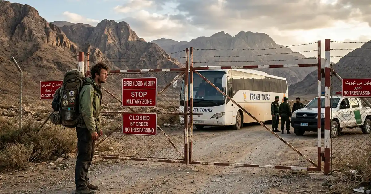 Solo traveler facing strict border restrictions and mandatory guided tour rules