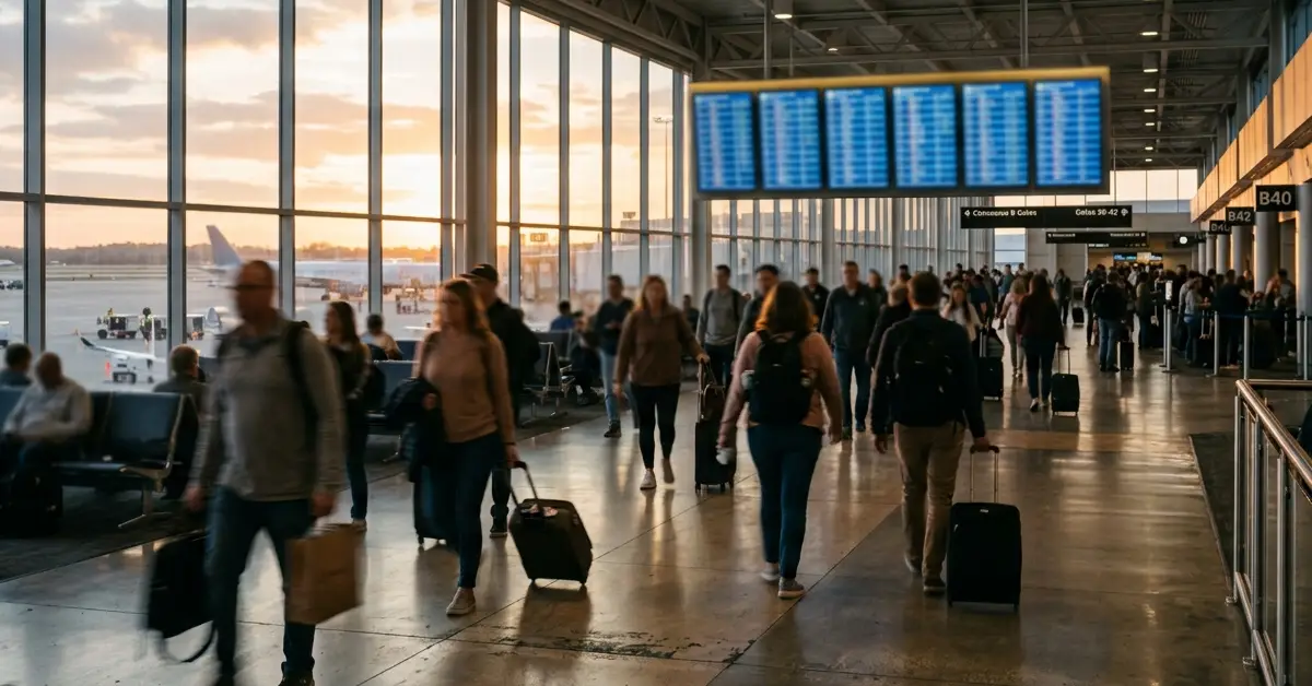 Travelers walking through an airport terminal, representing shifting global tourism trends in 2026