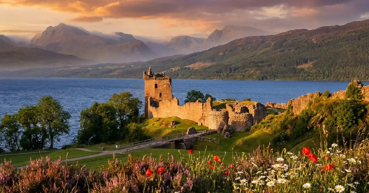 Urquhart Castle in Scottish landscapes and castles setting by Loch Ness