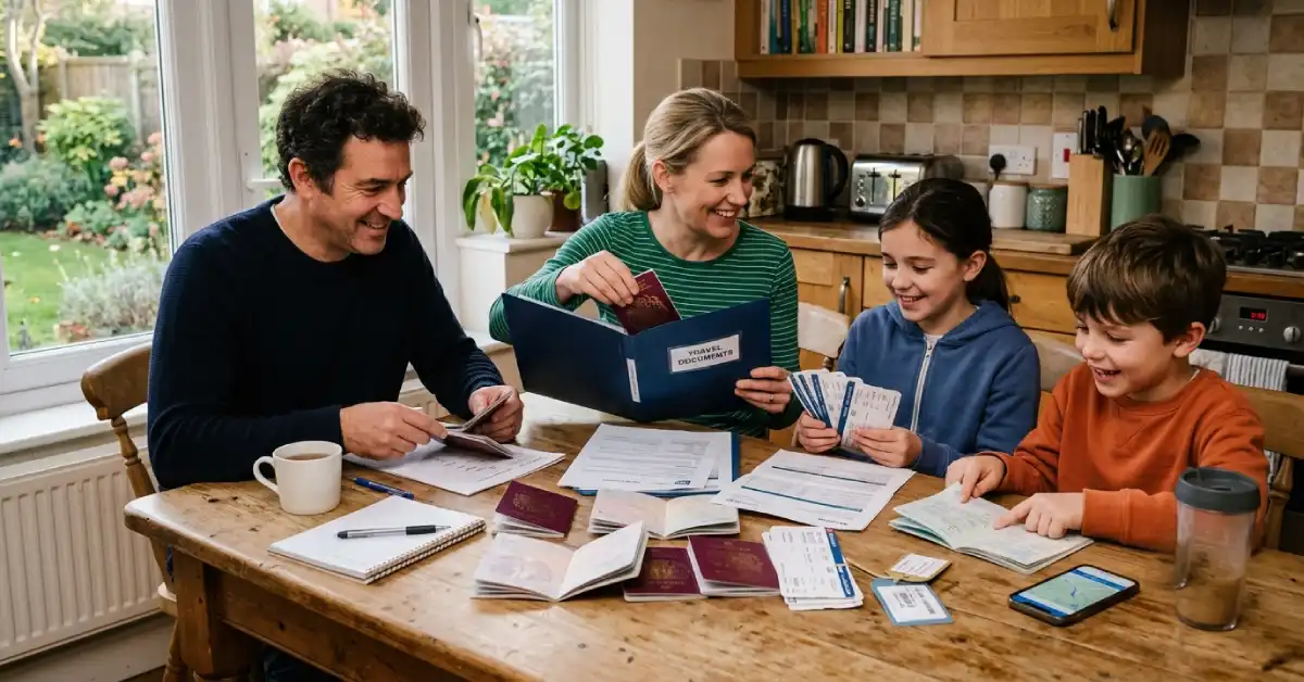 Family preparing travel documents for UK Ireland ferry crossing