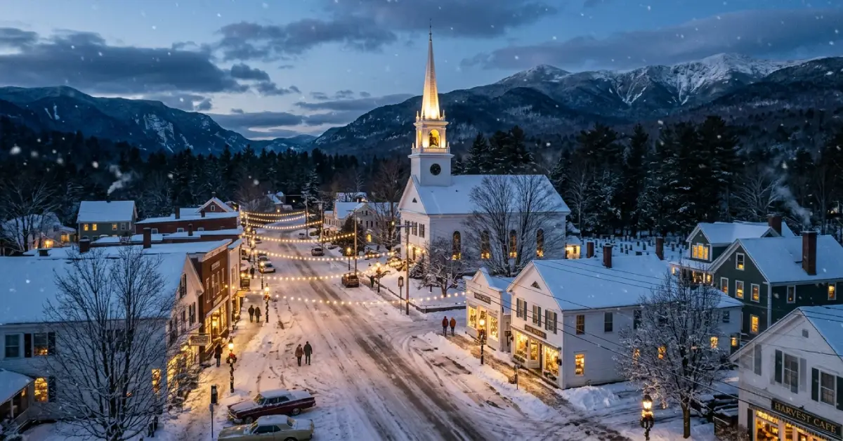 Best places to go in December in USA featuring a snowy New England village glowing at dusk