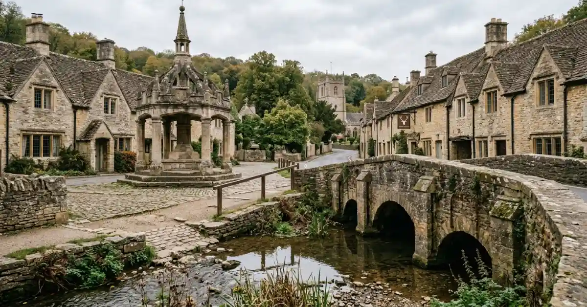 Market cross and stream in Castle Combe, contender for prettiest village in England