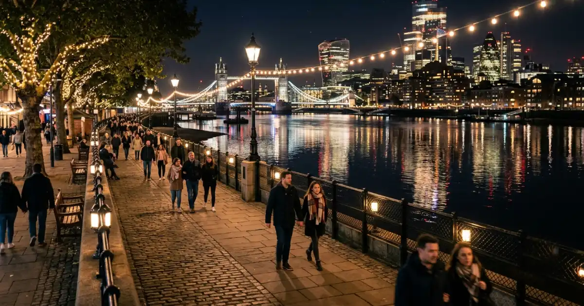Chicago Riverwalk lit up at night, a scenic path among the best places to propose in Chicago