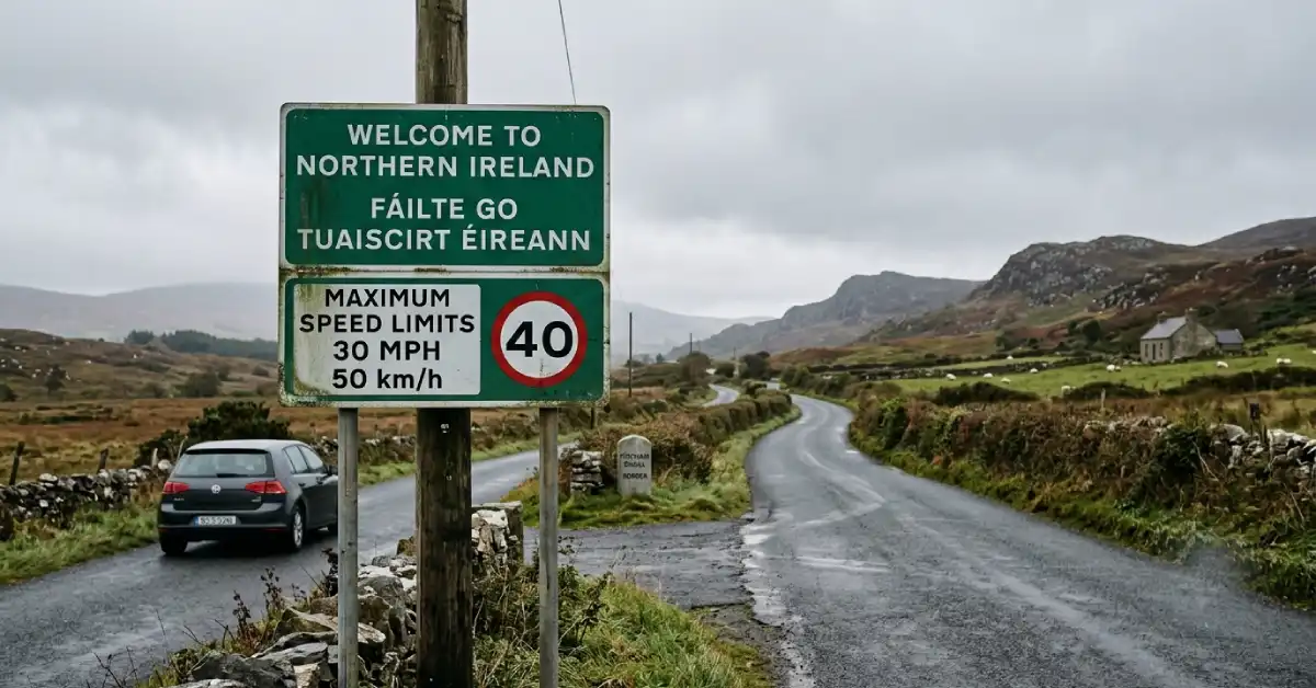 Common Travel Area border sign between UK and Ireland