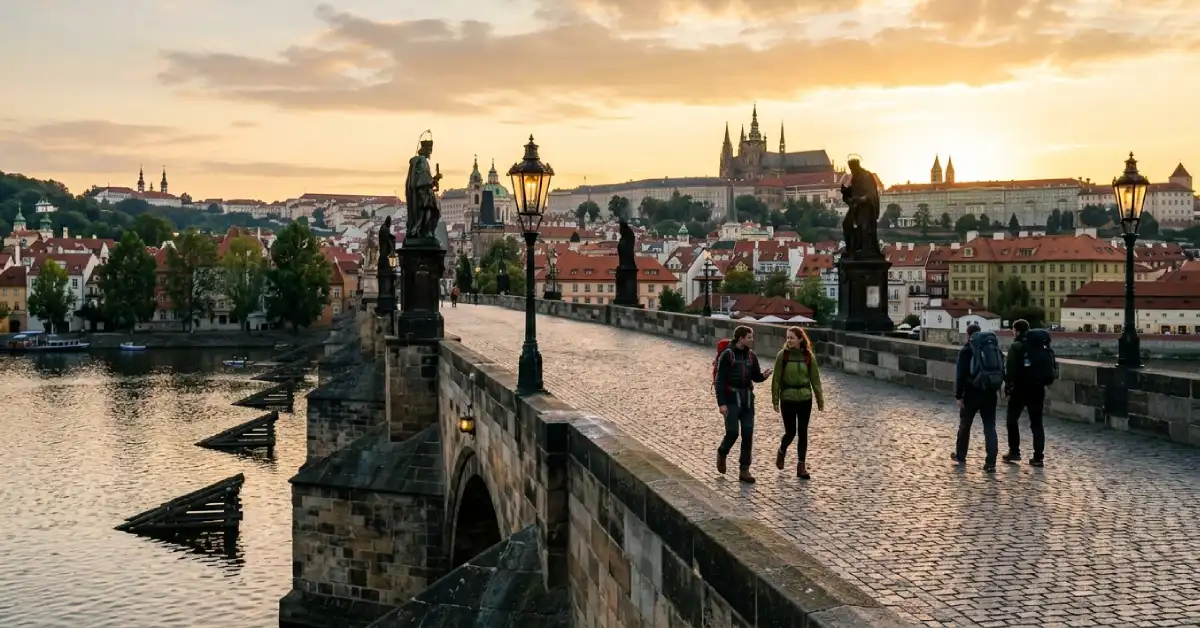 Eastern Europe travel advisory guide showing Prague's Charles Bridge at sunrise