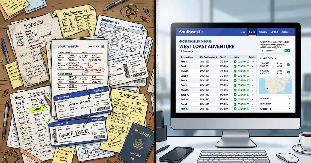 Group travel options before and after Southwest corporate travel product