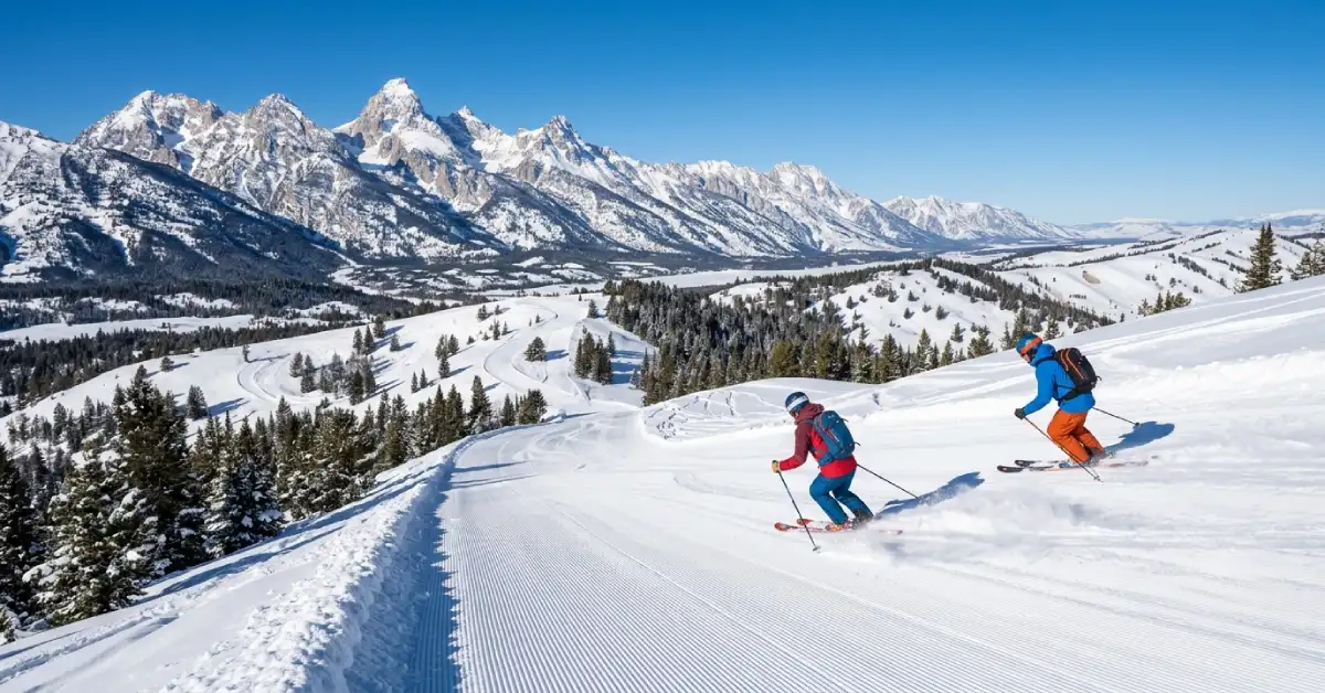 Skiers at Jackson Hole, one of the best places to go in December in USA for powder