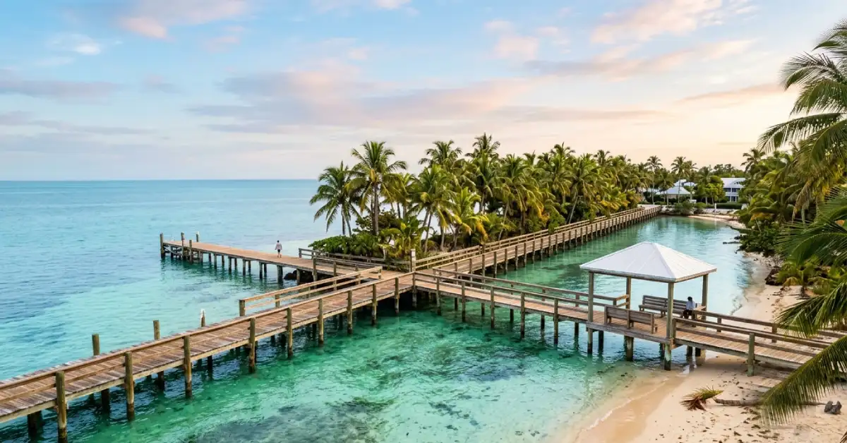Key West pier and clear water, one of the warm places to visit in December in the USA