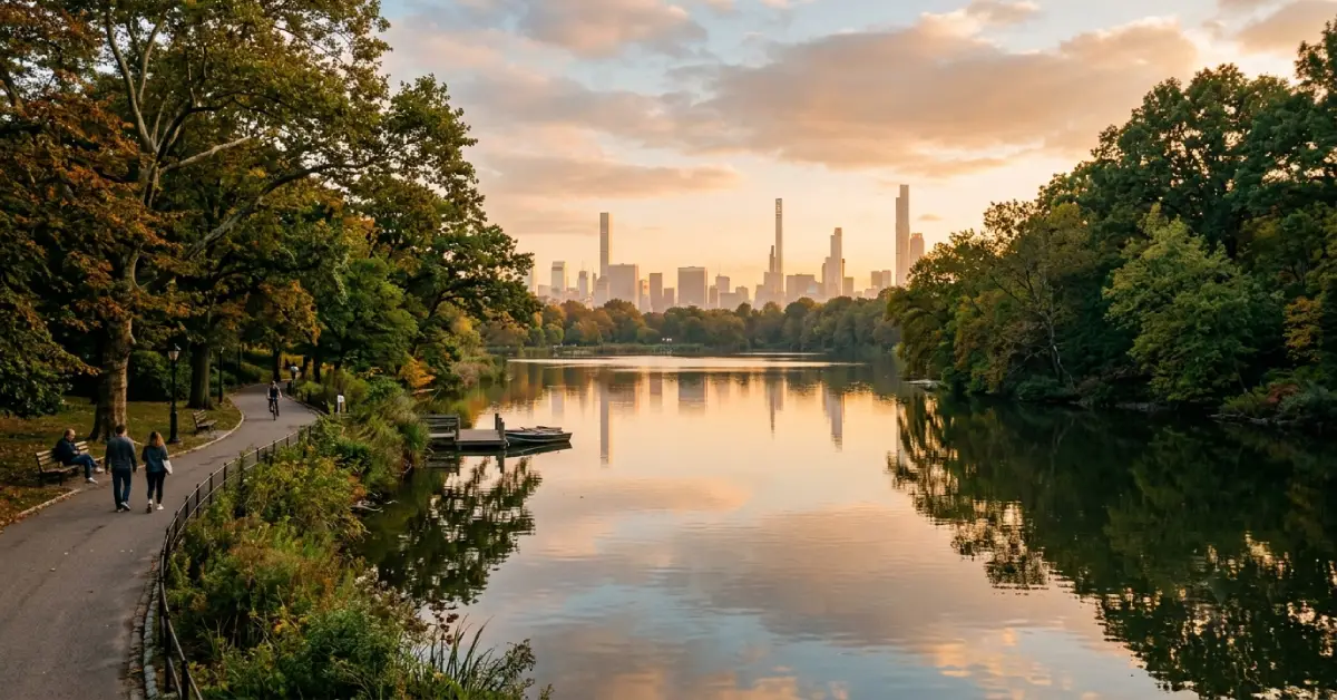 Lincoln Park Lagoon with Chicago skyline in the background, a popular romantic spot in Chicago