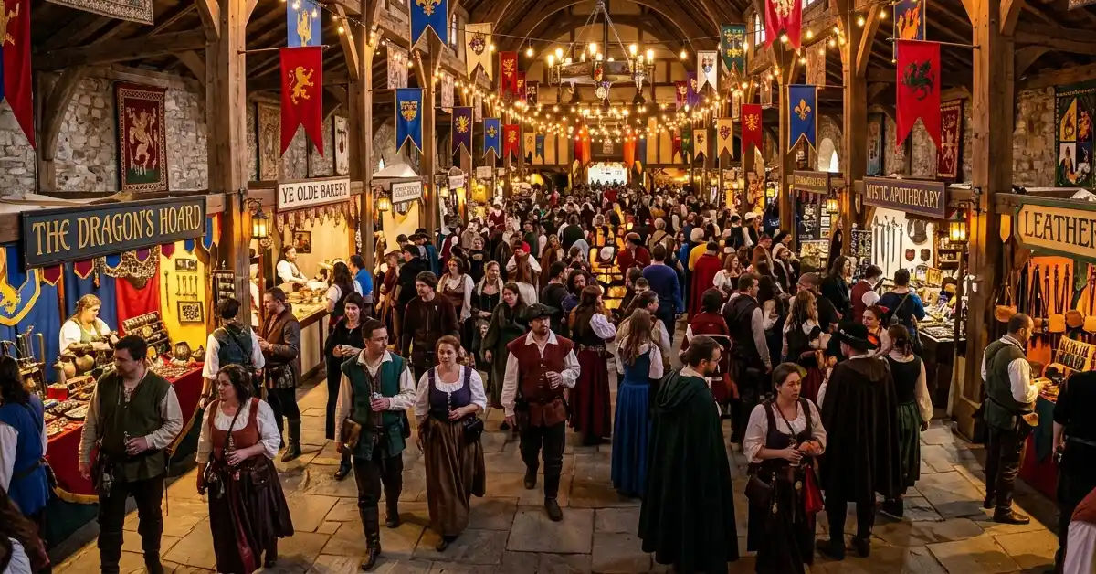 Magik and Mythk Festival indoor Renaissance fair crowd browsing vendor stalls in Kissimmee