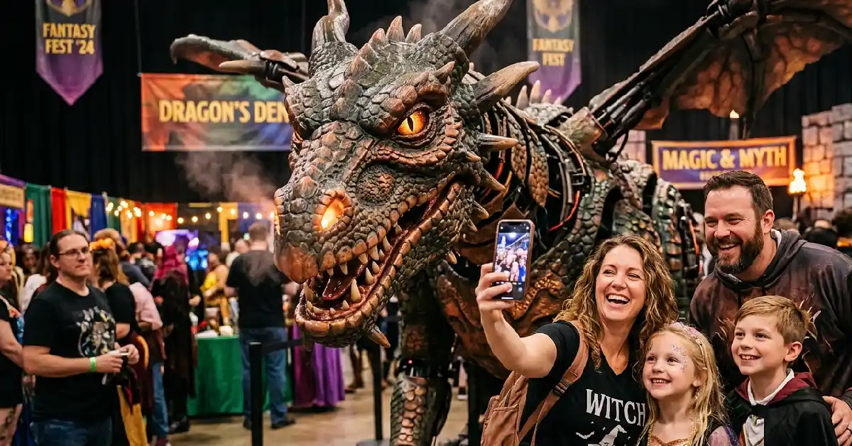 Family posing with Stormy the dragon at the Magik and Mythk Festival indoor Renaissance fair
