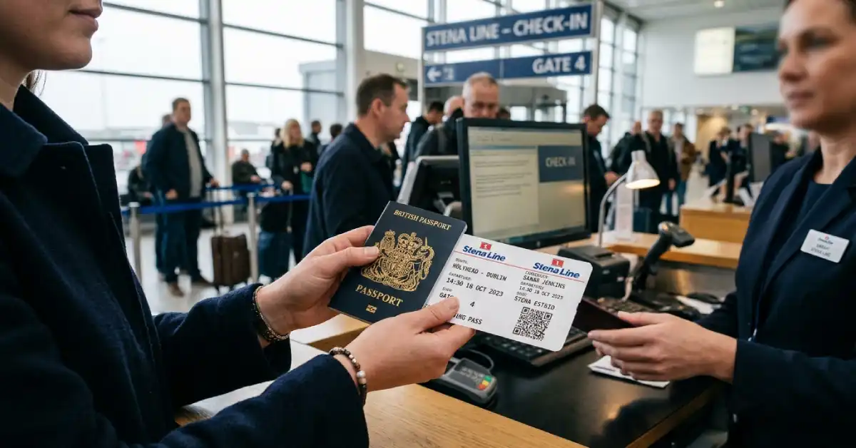 Traveller checking passport before Ireland UK ferry boarding