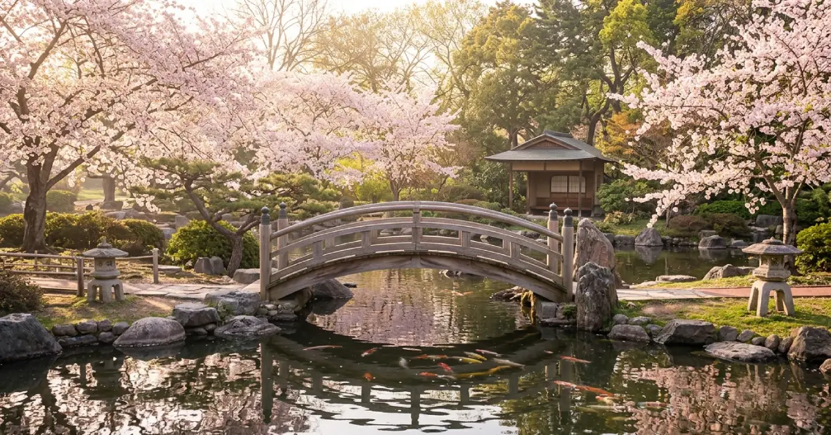 Couple standing near koi pond at Garden of the Phoenix, a top place to propose in Chicago