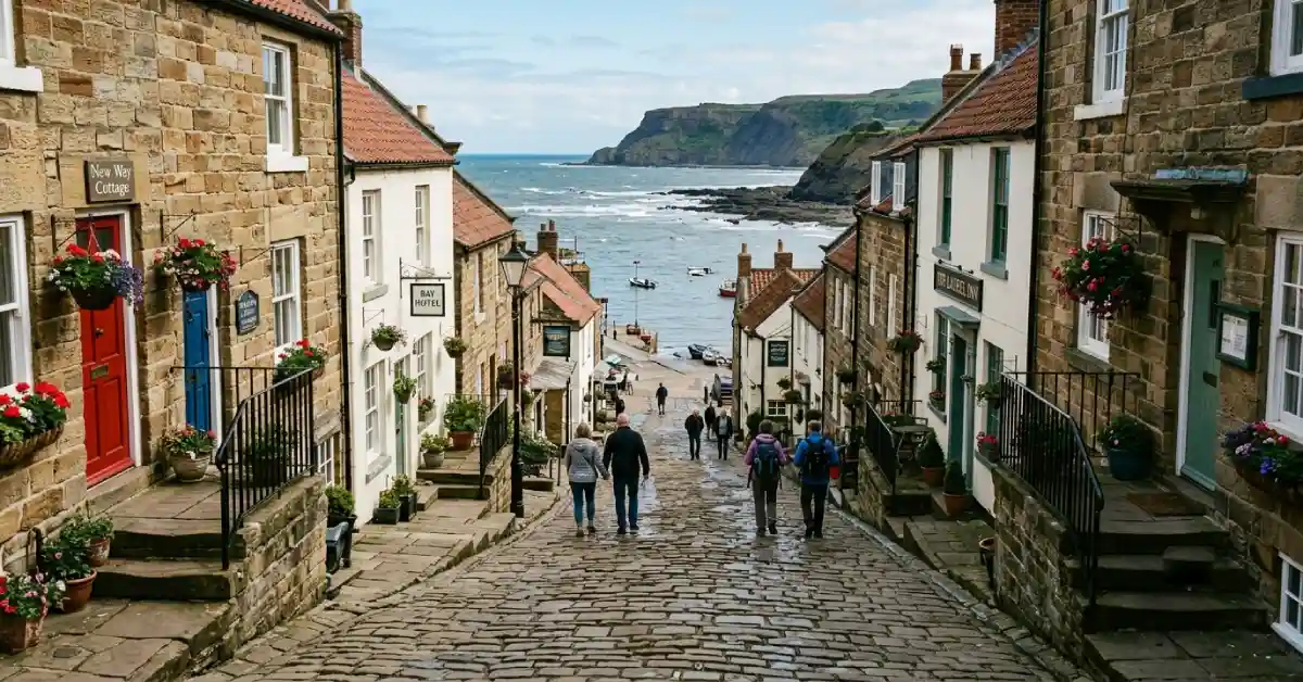 Cobbled lane in Robin Hood's Bay, one of the best British villages on the Yorkshire coast