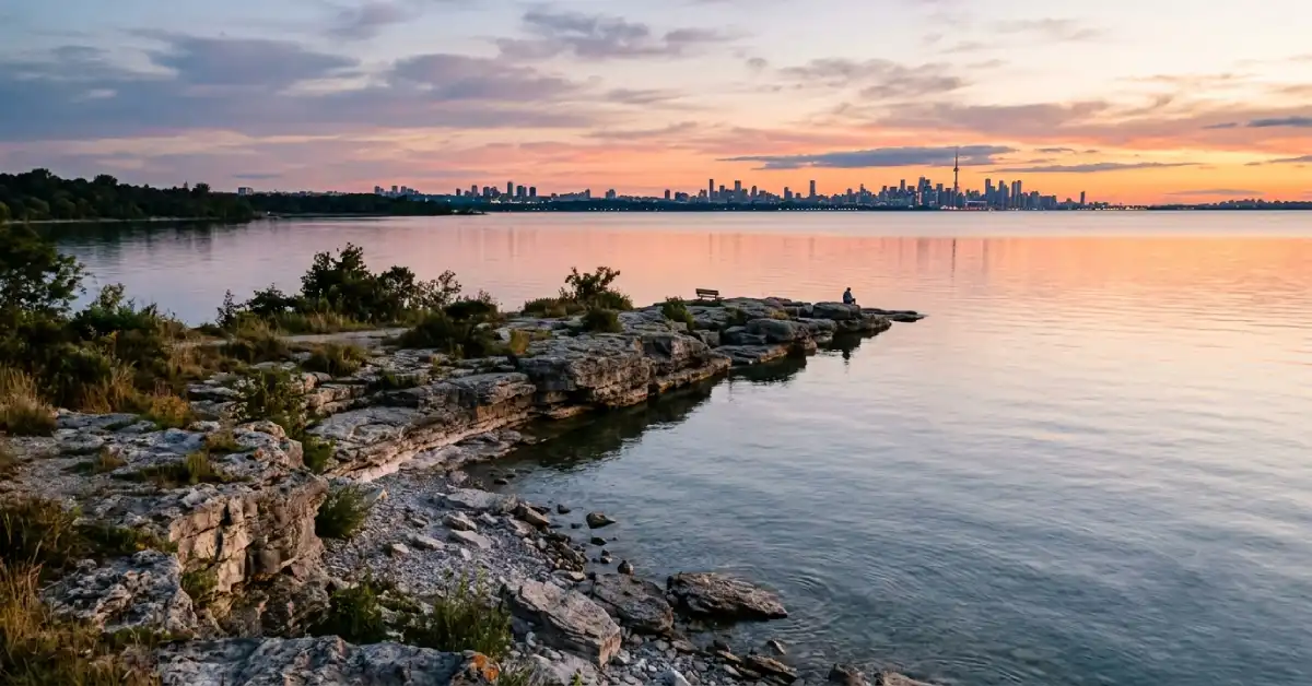 Limestone shoreline at Promontory Point with Lake Michigan and skyline view, a quiet Chicago proposal location