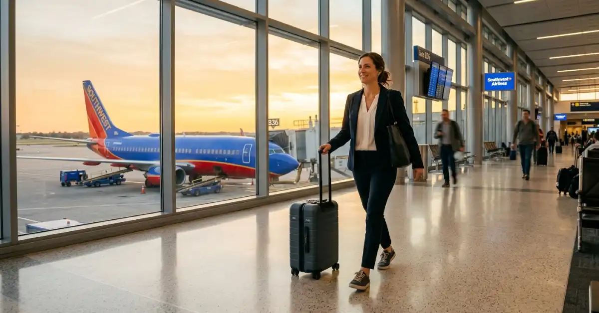 Happy user of Southwest corporate travel product at airport