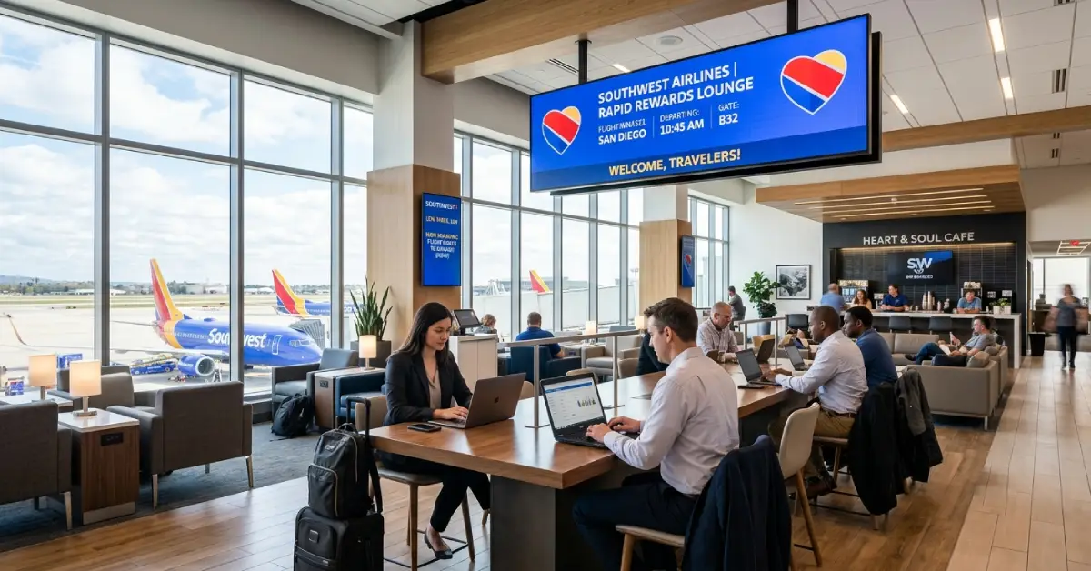 Southwest corporate travel product dashboard on laptop in airport lounge