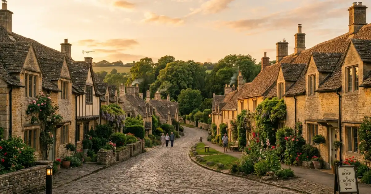 Best villages UK - golden-hour view of a Cotswold stone cottage street