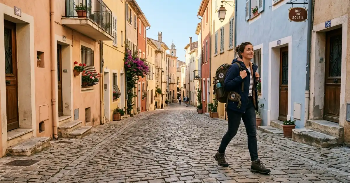 Woman walking alone through a historic US city street, solo female travel USA
