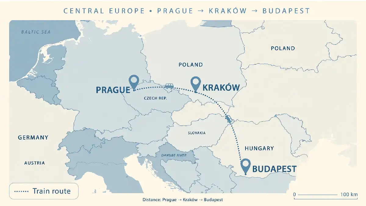Map showing a 10-day Eastern Europe itinerary from Prague to Kraków to Budapest.