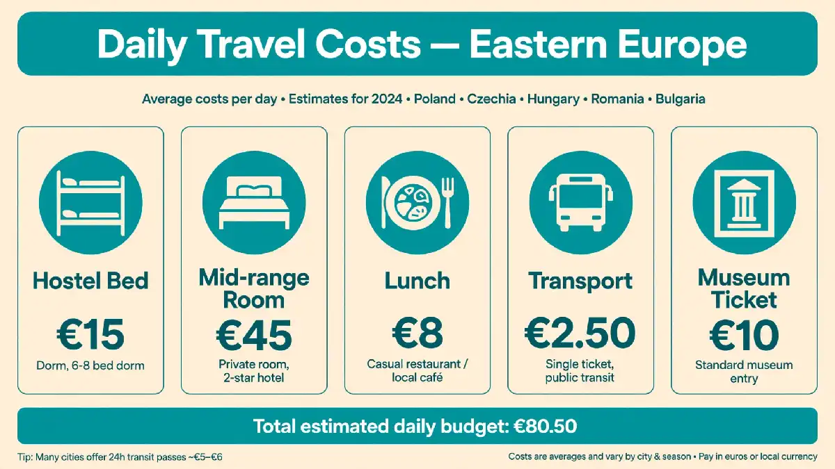 Infographic showing typical budget travel costs in Eastern Europe in euros.