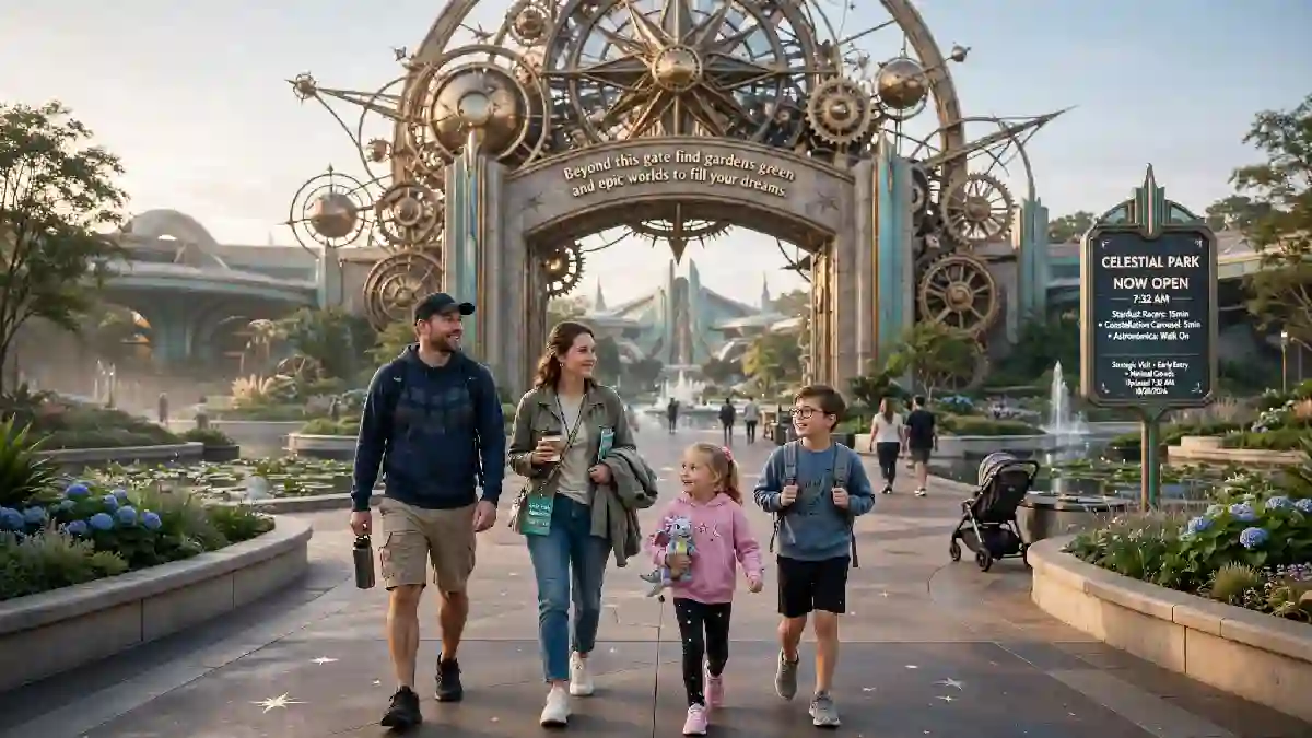 Family avoiding Epic Universe theme park capacity crowds with strategic early morning visit