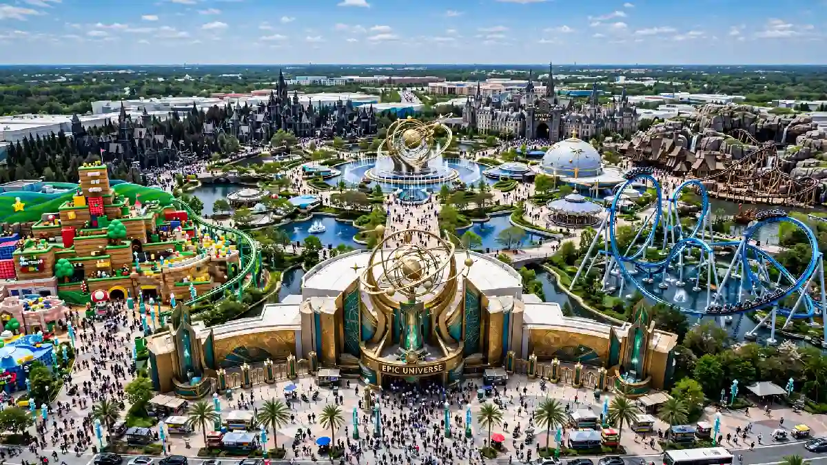 Universe theme park capacity challenges shown in crowded entrance plaza aerial view