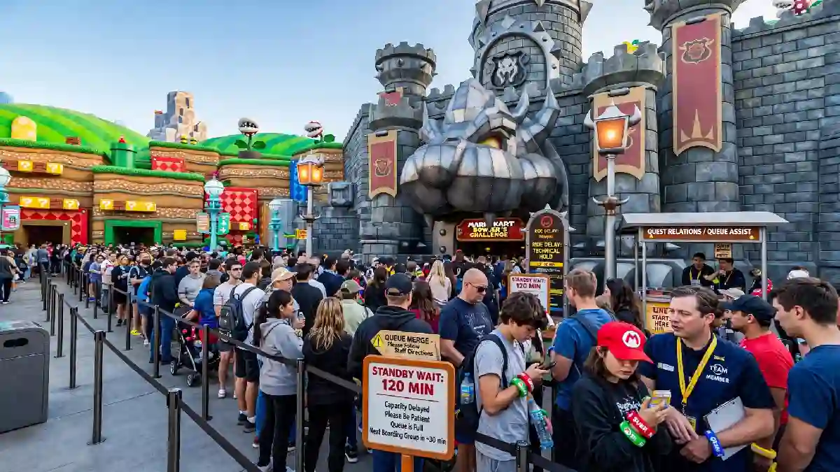 Guests waiting in long lines highlighting Epic Universe theme park capacity problems at Super Nintendo World